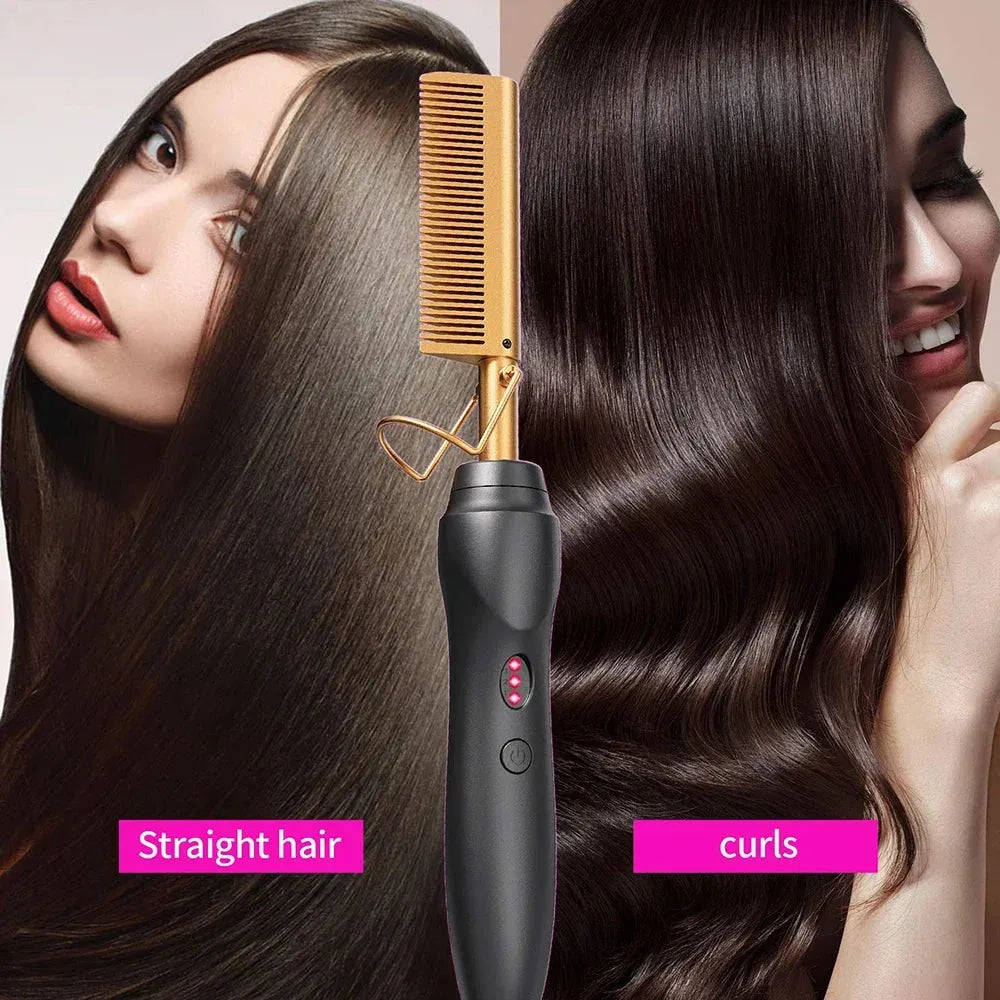 Hot Comb Hair Straightener Heat Pressing Combs Portable Ceramic Curling Iron for Hair Beard Wigs Wet and Dry Hair Styling Tools, Nisha Nashea LLC