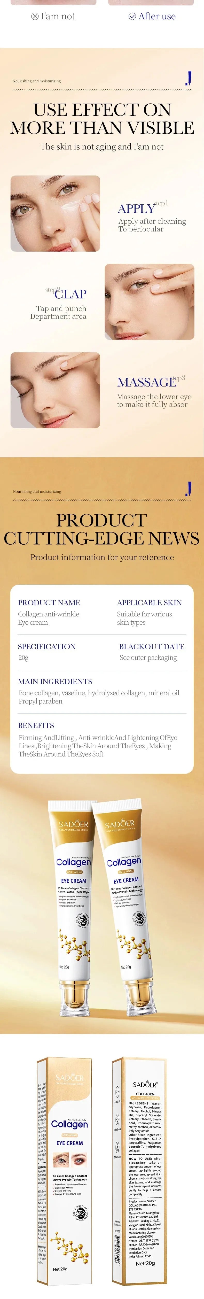 SADOER Collagen Eye Cream skincare Anti Dark Circles Eye Bags Firming Moisturizing skincare Eyes Cream Skin Care for Eyes, Nisha Nashea LLC